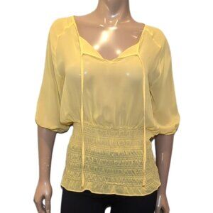 3/$20 BEDO FEMME Sheer Peasant Blouse Tie Neck Smocked Bubble Sleeve Boho Yellow